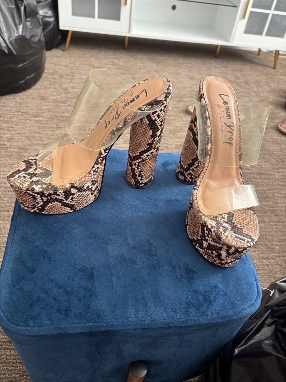 Brown Snake-Print Clear Strap Platform Heels